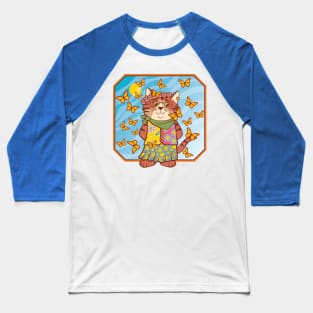 Boho Hippie Cat with Butterflies Baseball T-Shirt